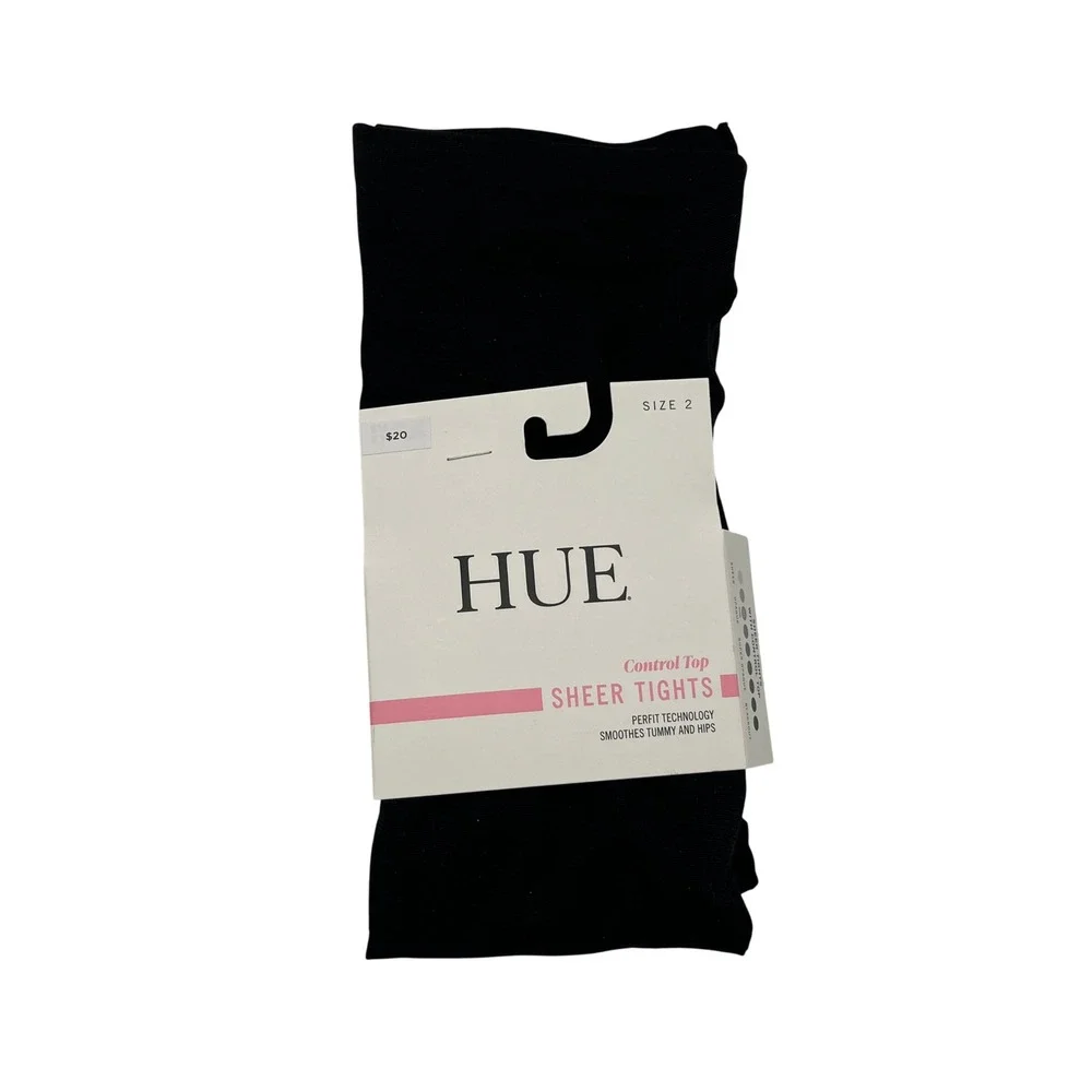 HUE Sheer Tights Women Size 2 Black Control Top Perfit Technology 9001 Nylon